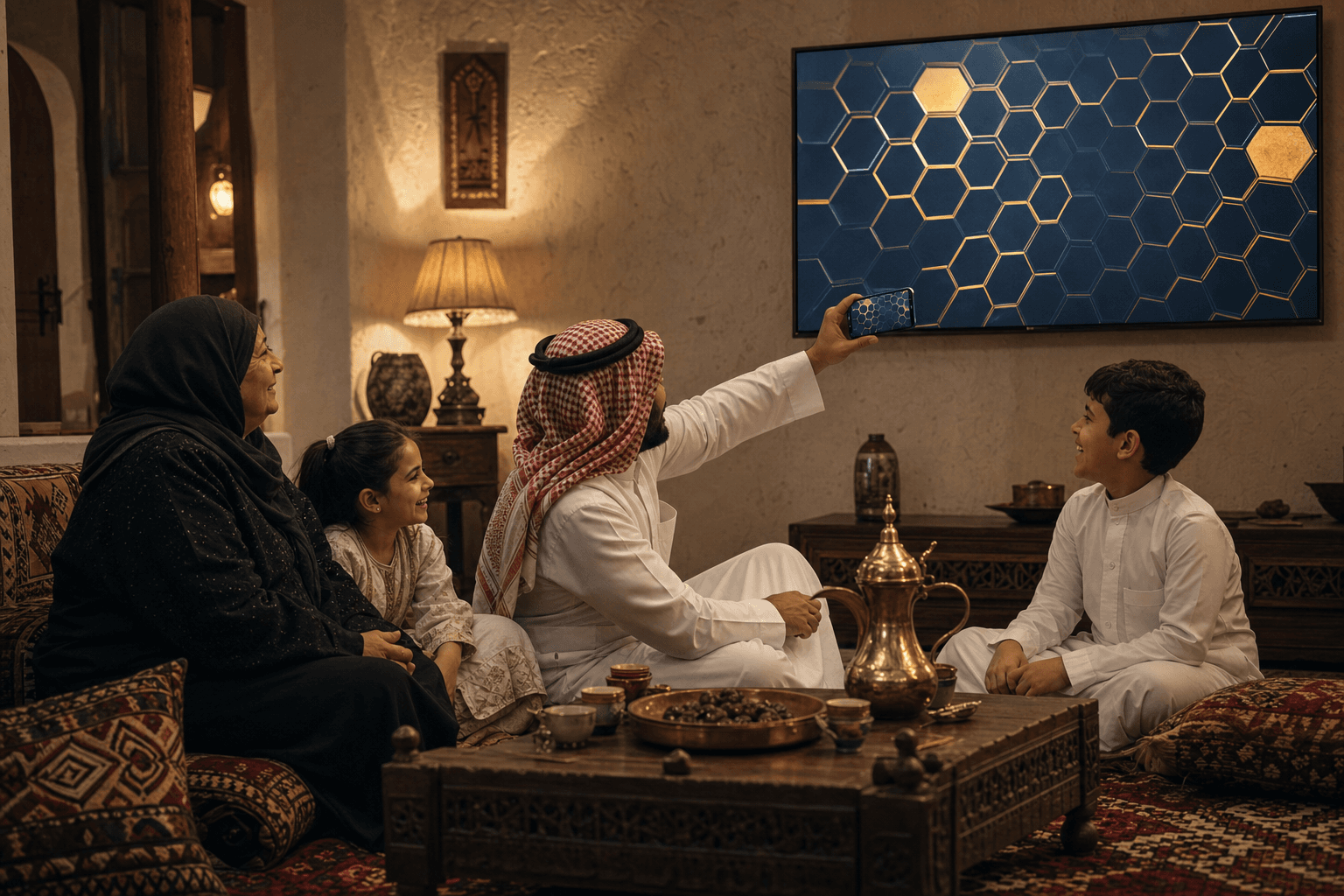 عائلة في مجلس منزلي تستمتع بلعبة أسئلة جماعية على شاشة كبيرة مع استخدام الجوال